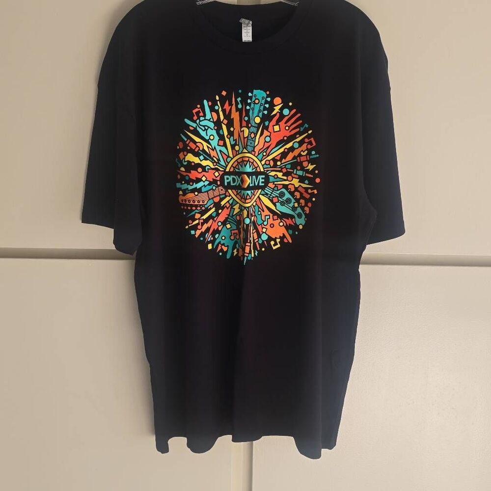 PDX LIVE 2026 Black Festival T-Shirt with Colorful Graphic on Front, NEW, XL